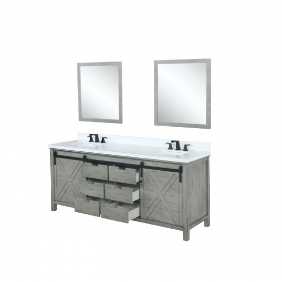 Marsyas 84" Ash Grey Double Vanity, White Quartz Top, White Square Sinks and 34" Mirrors