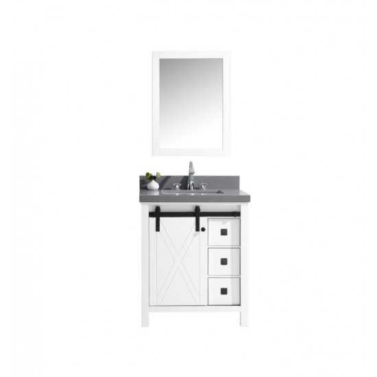 Marsyas Veluti 30" White Single Vanity, Grey Quartz Top, White Square Sink and 28" Mirror