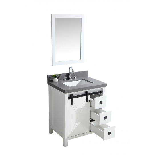 Marsyas Veluti 30" White Single Vanity, Grey Quartz Top, White Square Sink and 28" Mirror