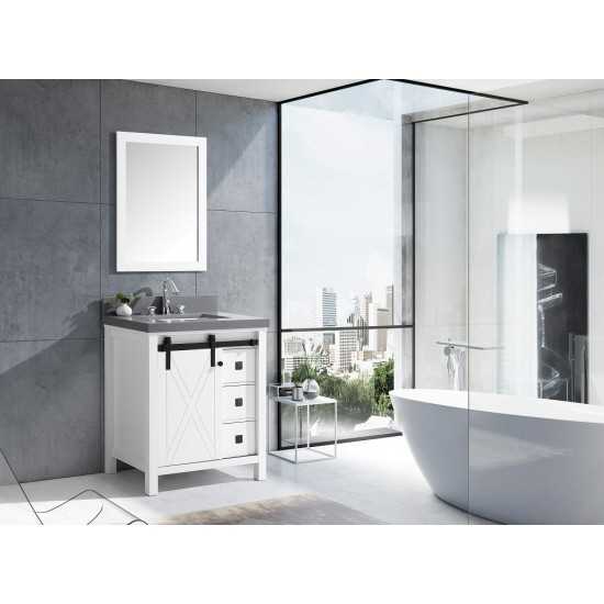 Marsyas Veluti 30" White Single Vanity, Grey Quartz Top, White Square Sink and 28" Mirror