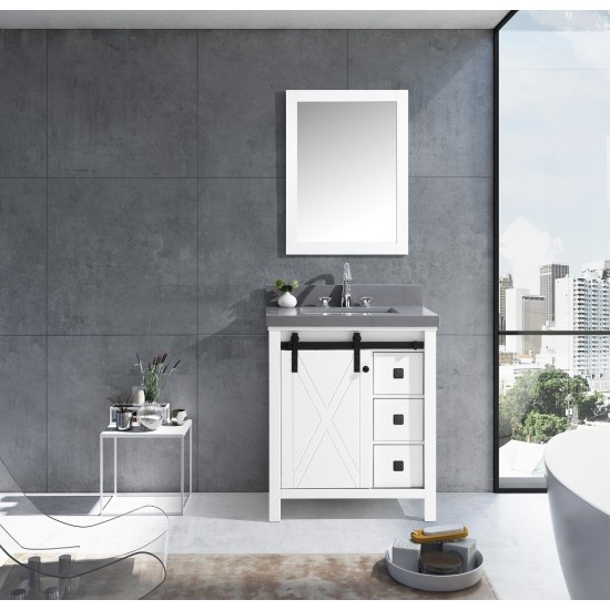 Marsyas Veluti 30" White Single Vanity, Grey Quartz Top, White Square Sink and 28" Mirror