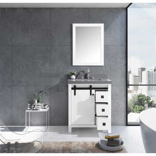 Marsyas Veluti 30" White Single Vanity, Grey Quartz Top, White Square Sink and 28" Mirror