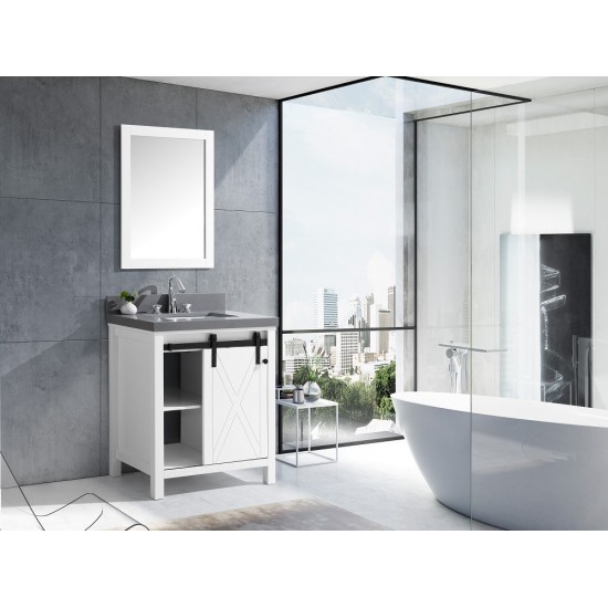 Marsyas Veluti 30" White Single Vanity, Grey Quartz Top, White Square Sink and 28" Mirror