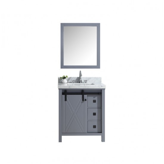 Marsyas Veluti 30" Dark Grey Single Vanity, White Carrara Marble Top, White Square Sink and 28" Mirror