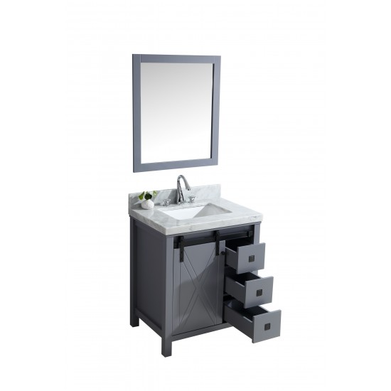 Marsyas Veluti 30" Dark Grey Single Vanity, White Carrara Marble Top, White Square Sink and 28" Mirror