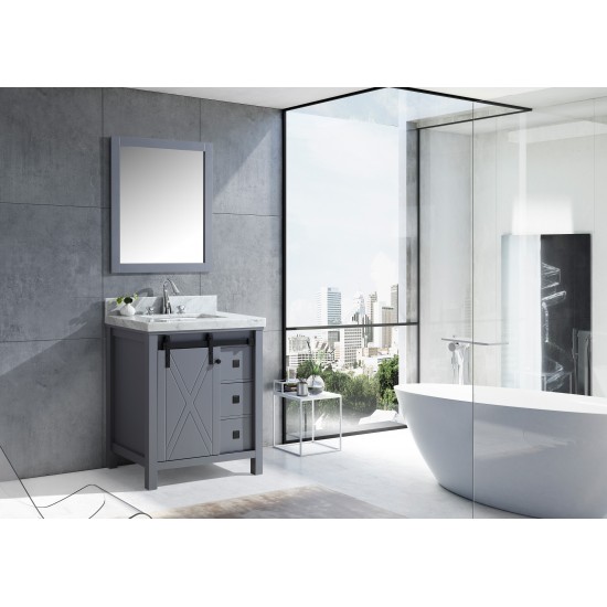 Marsyas Veluti 30" Dark Grey Single Vanity, White Carrara Marble Top, White Square Sink and 28" Mirror