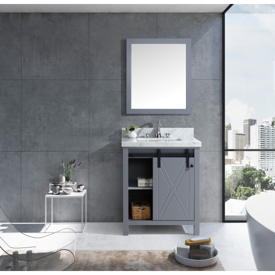 Marsyas Veluti 30" Dark Grey Single Vanity, White Carrara Marble Top, White Square Sink and 28" Mirror