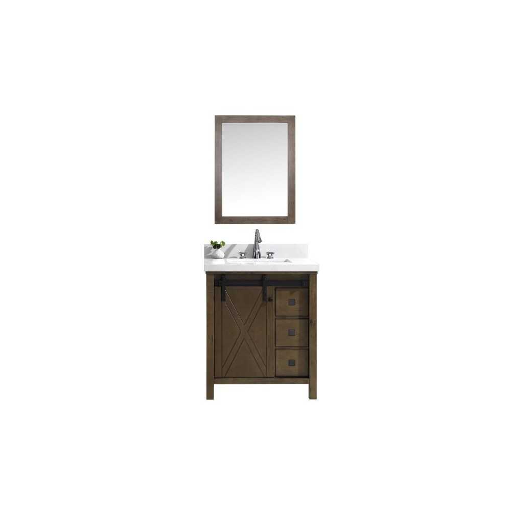 Marsyas Veluti 30" Rustic Brown Single Vanity, White Quartz Top, White Square Sink and 28" Mirror