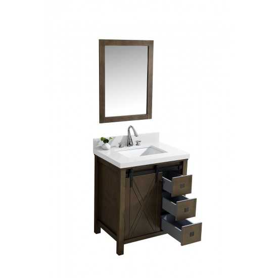 Marsyas Veluti 30" Rustic Brown Single Vanity, White Quartz Top, White Square Sink and 28" Mirror