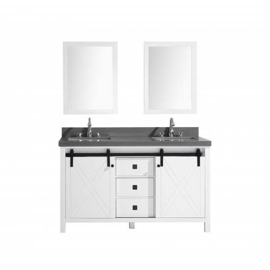 Marsyas Veluti 60" White Double Vanity, Grey Quartz Top, White Square Sinks and 24" Mirrors