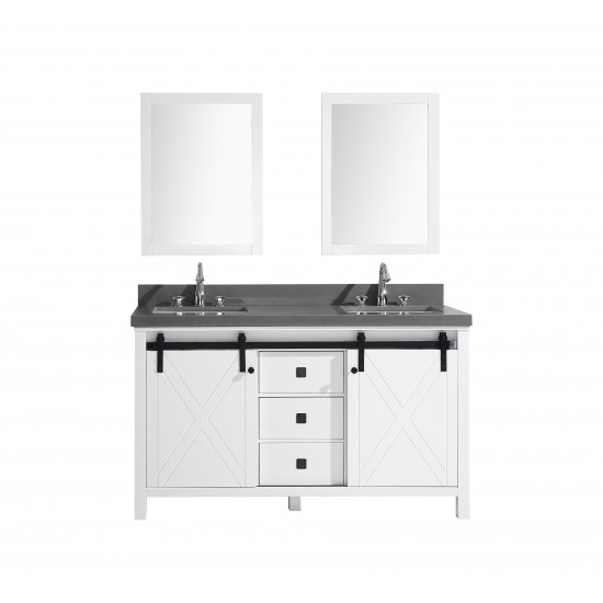 Marsyas Veluti 60" White Double Vanity, Grey Quartz Top, White Square Sinks and 24" Mirrors