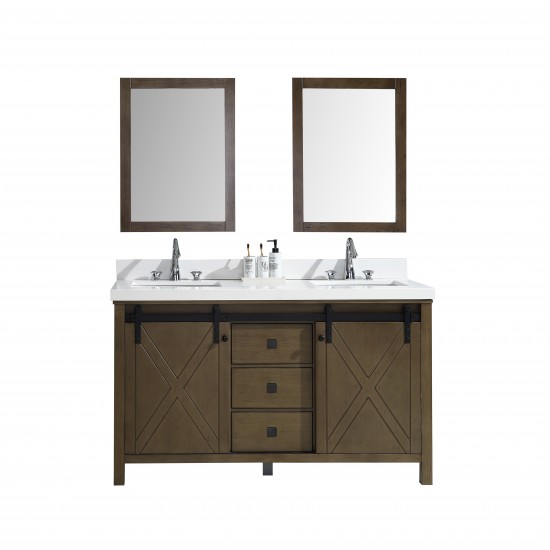 Marsyas Veluti 60" Rustic Brown Double Vanity, White Quartz Top, White Square Sinks and 24" Mirrors