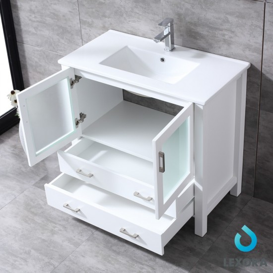 Volez 36" White Single Vanity, Integrated Top, White Integrated Square Sink and 34" Mirror