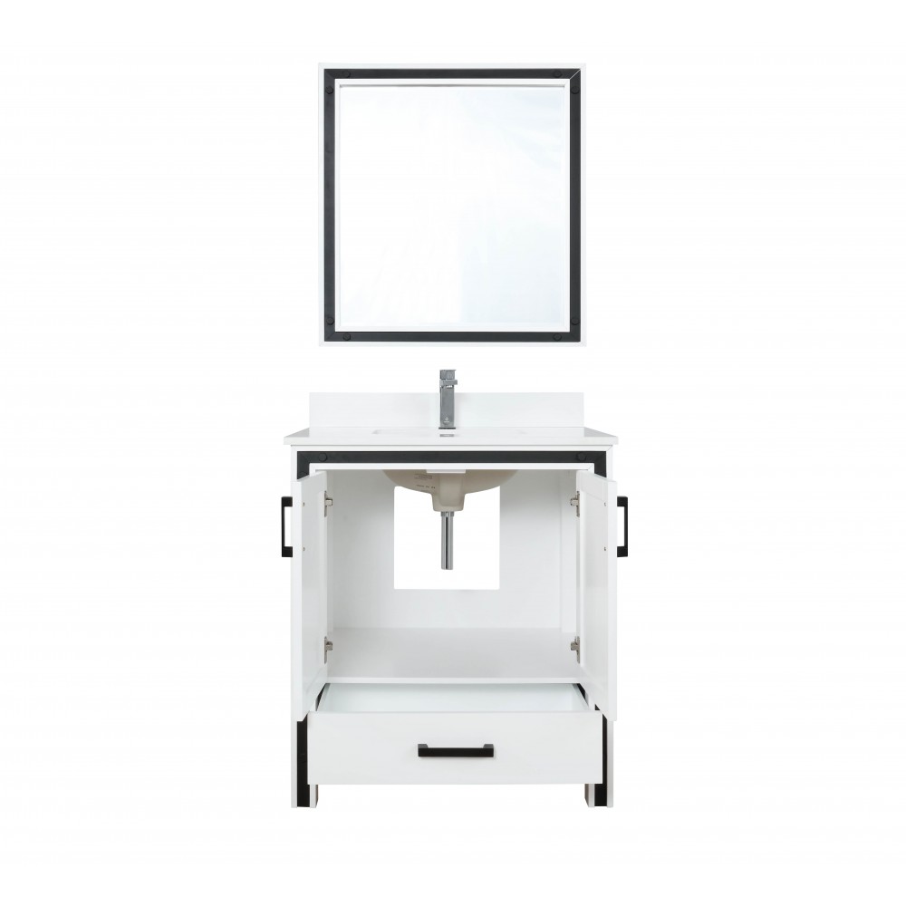 Ziva 30" White Single Vanity, Cultured Marble Top, White Square Sink and 28" Mirror