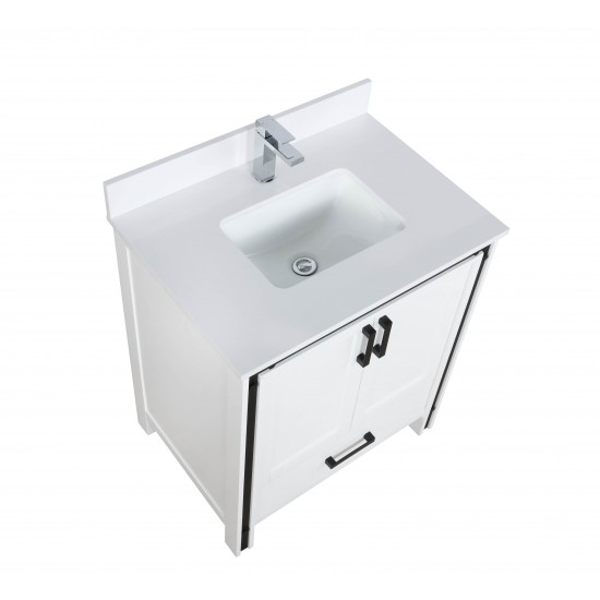 Ziva 30" White Single Vanity, Cultured Marble Top, White Square Sink and no Mirror