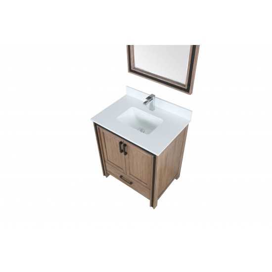 Ziva 30" Rustic Barnwood Single Vanity, Cultured Marble Top, White Square Sink and 28" Mirror w/ Faucet