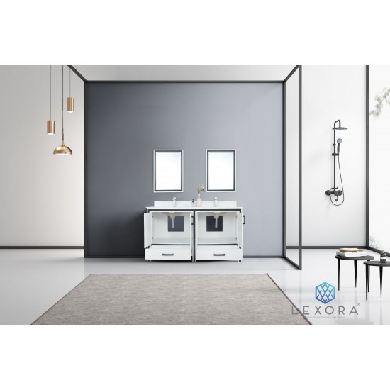 Ziva 60" White Double Vanity, Cultured Marble Top, White Square Sink and 22" Mirrors w/ Faucet