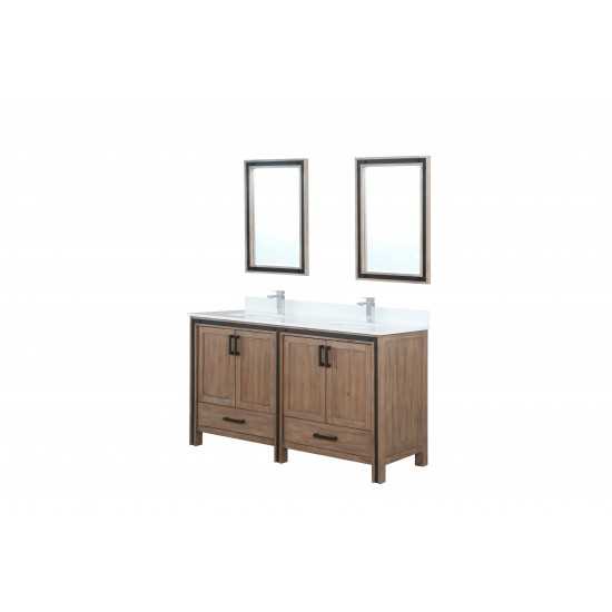 Ziva 60" Rustic Barnwood Double Vanity, Cultured Marble Top, White Square Sink and 22" Mirrors w/ Faucet