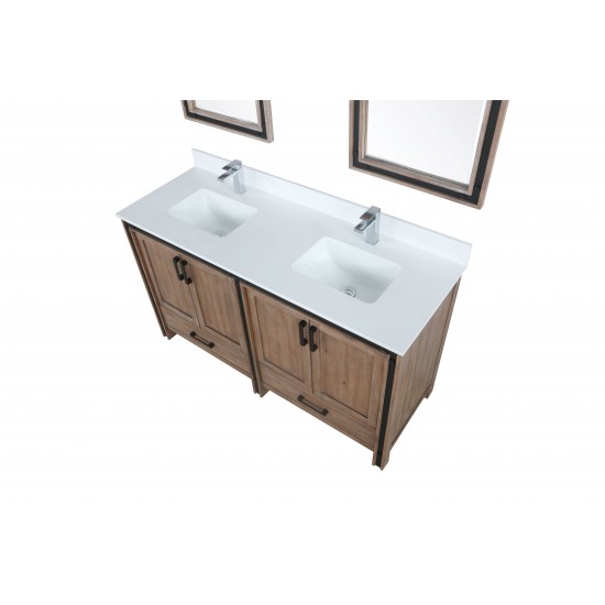 Ziva 60" Rustic Barnwood Double Vanity, Cultured Marble Top, White Square Sink and 22" Mirrors w/ Faucet