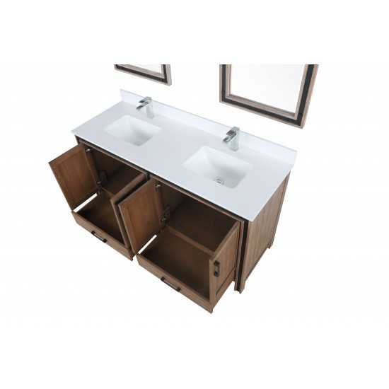 Ziva 60" Rustic Barnwood Double Vanity, Cultured Marble Top, White Square Sink and 22" Mirrors w/ Faucet