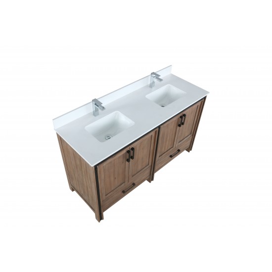 Ziva 60" Rustic Barnwood Double Vanity, Cultured Marble Top, White Square Sink and no Mirror