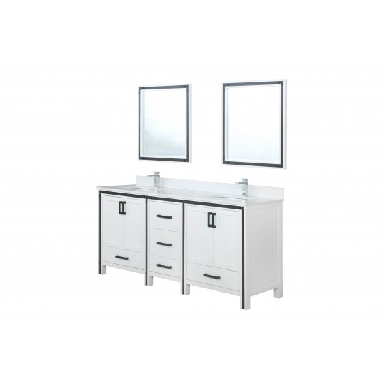 Ziva 72" White Double Vanity, Cultured Marble Top, White Square Sink and 30" Mirrors w/ Faucet