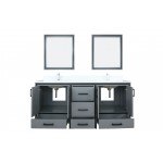 Ziva 72" Dark Grey Double Vanity, Cultured Marble Top, White Square Sink and 30" Mirrors w/ Faucet