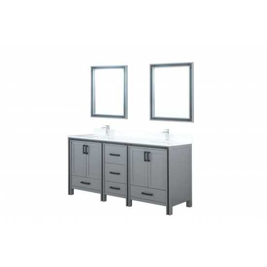 Ziva 72" Dark Grey Double Vanity, Cultured Marble Top, White Square Sink and 30" Mirrors