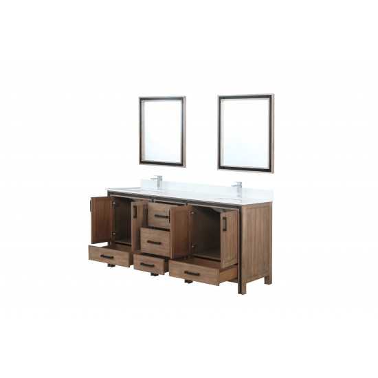 Ziva 72" Rustic Barnwood Double Vanity, Cultured Marble Top, White Square Sink and 30" Mirrors w/ Faucet