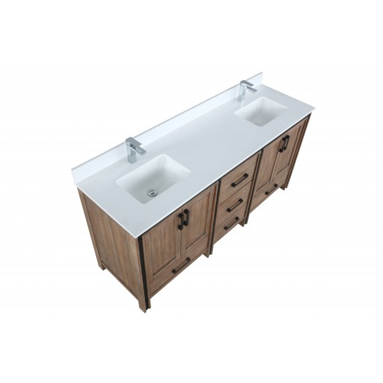 Ziva 72" Rustic Barnwood Double Vanity, Cultured Marble Top, White Square Sink and no Mirror