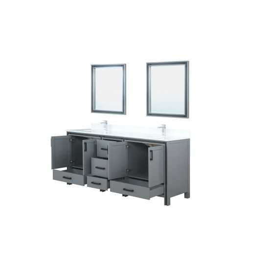 Ziva 80" Dark Grey Double Vanity, Cultured Marble Top, White Square Sink and 30" Mirrors w/ Faucet