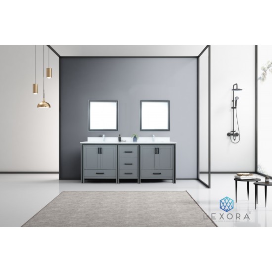 Ziva 80" Dark Grey Double Vanity, Cultured Marble Top, White Square Sink and 30" Mirrors w/ Faucet