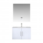 Geneva 30" Glossy White Single Vanity, White Carrara Marble Top, White Square Sink and 30" LED Mirror w/ Faucet