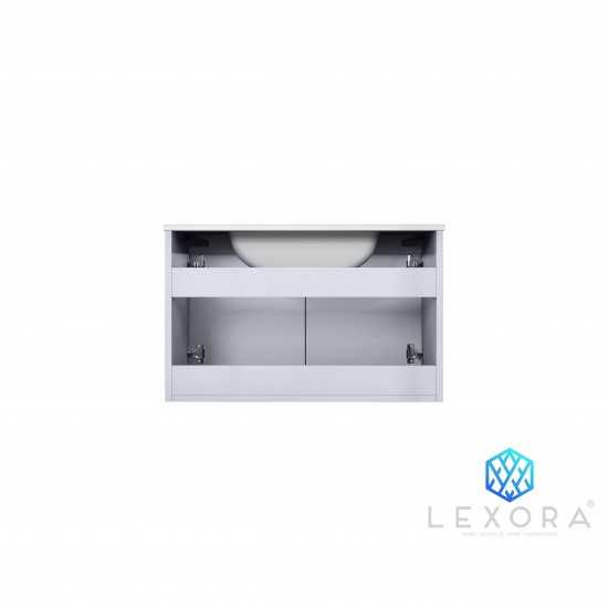 Geneva 30" Glossy White Single Vanity, White Carrara Marble Top, White Square Sink and 30" LED Mirror w/ Faucet