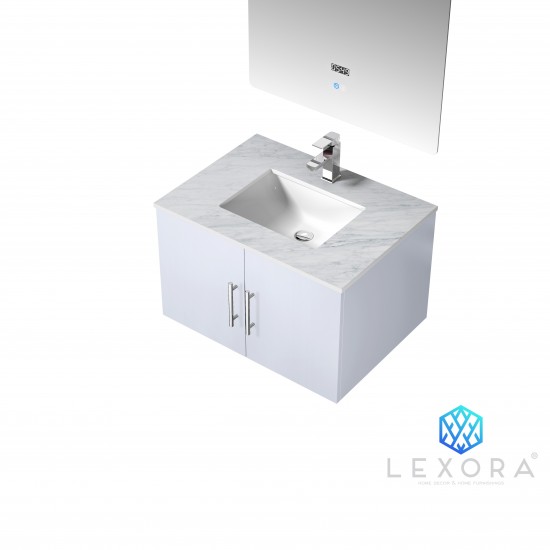 Geneva 30" Glossy White Single Vanity, White Carrara Marble Top, White Square Sink and 30" LED Mirror w/ Faucet