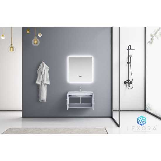 Geneva 30" Glossy White Single Vanity, White Carrara Marble Top, White Square Sink and 30" LED Mirror w/ Faucet