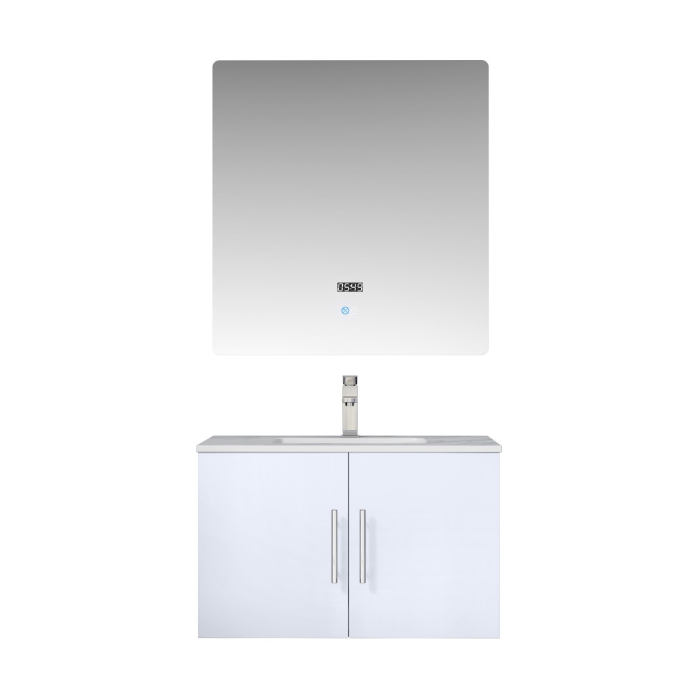 Geneva 30" Glossy White Single Vanity, White Carrara Marble Top, White Square Sink and 30" LED Mirror