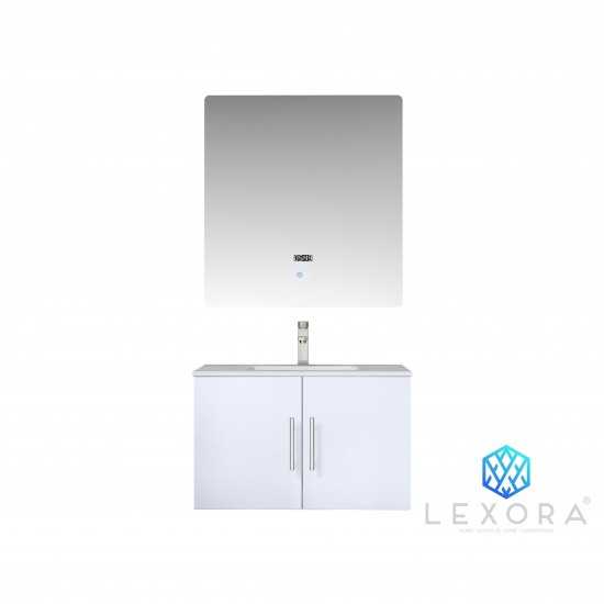 Geneva 30" Glossy White Single Vanity, White Carrara Marble Top, White Square Sink and 30" LED Mirror