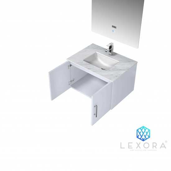 Geneva 30" Glossy White Single Vanity, White Carrara Marble Top, White Square Sink and 30" LED Mirror