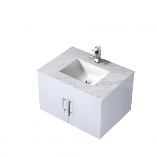 Geneva 30" Glossy White Single Vanity, White Carrara Marble Top, White Square Sink and no Mirror