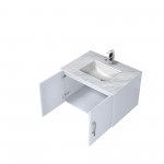 Geneva 30" Glossy White Single Vanity, White Carrara Marble Top, White Square Sink and no Mirror