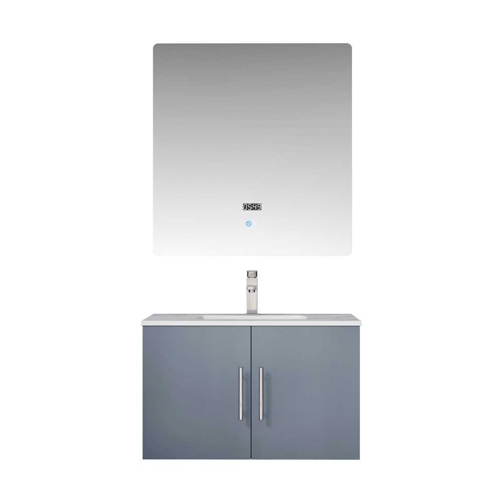 Geneva 30" Dark Grey Single Vanity, White Carrara Marble Top, White Square Sink and 30" LED Mirror w/ Faucet