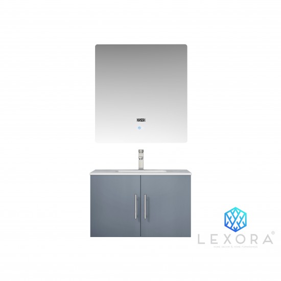 Geneva 30" Dark Grey Single Vanity, White Carrara Marble Top, White Square Sink and 30" LED Mirror w/ Faucet