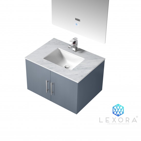 Geneva 30" Dark Grey Single Vanity, White Carrara Marble Top, White Square Sink and 30" LED Mirror w/ Faucet