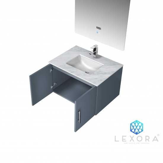 Geneva 30" Dark Grey Single Vanity, White Carrara Marble Top, White Square Sink and 30" LED Mirror