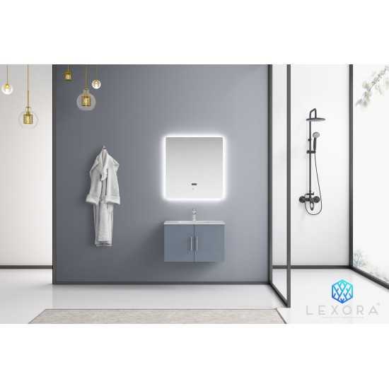 Geneva 30" Dark Grey Single Vanity, White Carrara Marble Top, White Square Sink and 30" LED Mirror