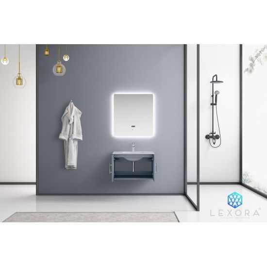 Geneva 30" Dark Grey Single Vanity, White Carrara Marble Top, White Square Sink and 30" LED Mirror