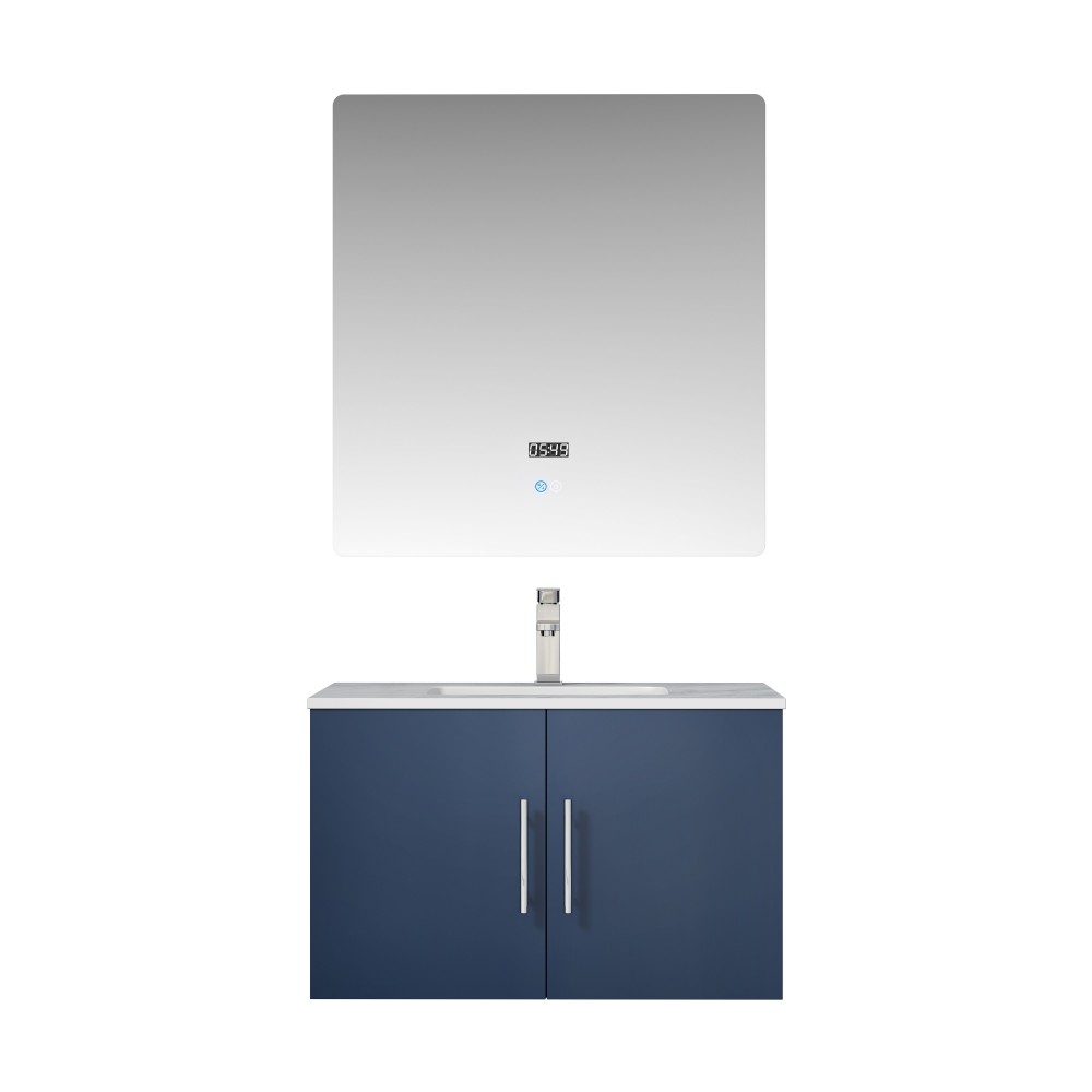 Geneva 30" Navy Blue Single Vanity, White Carrara Marble Top, White Square Sink and 30" LED Mirror