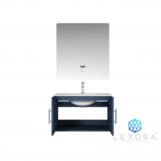 Geneva 30" Navy Blue Single Vanity, White Carrara Marble Top, White Square Sink and 30" LED Mirror