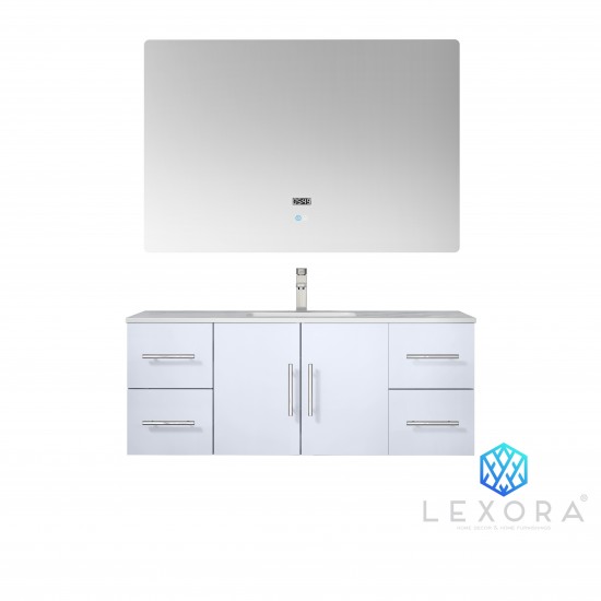 Geneva 48" Glossy White Single Vanity, White Carrara Marble Top, White Square Sink and 48" LED Mirror w/ Faucet